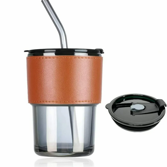 Coffee Mugs with Leather Sleeve, Tumbler Cup with Lid and Straw