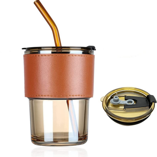 Coffee Mugs with Leather Sleeve, Tumbler Cup with Lid and Straw